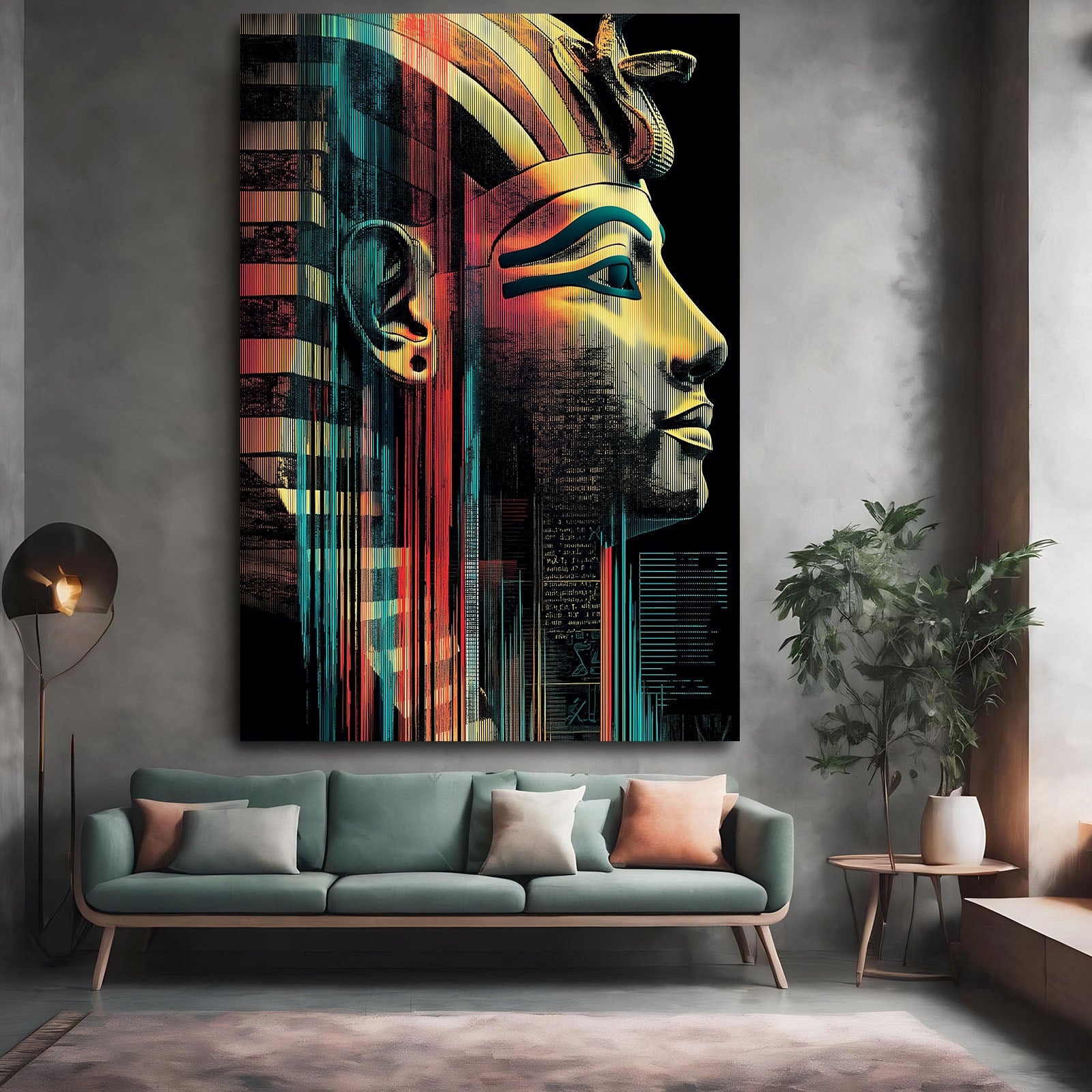 Teal Gold Pharaoh Profile Egyptian Wall Decor – styled in a furnished interior
