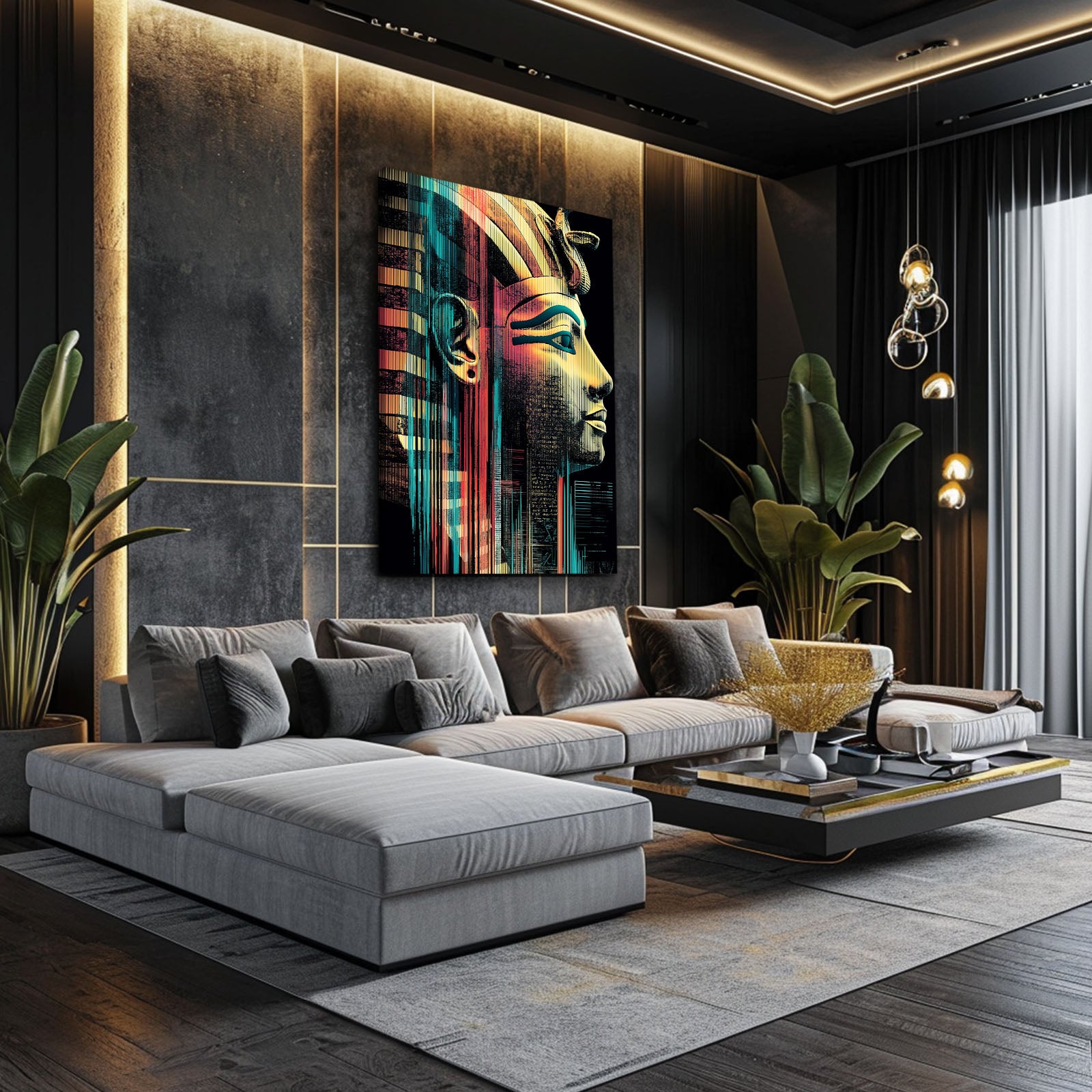 Teal Gold Pharaoh Profile Egyptian Wall Decor – styled in a furnished interior