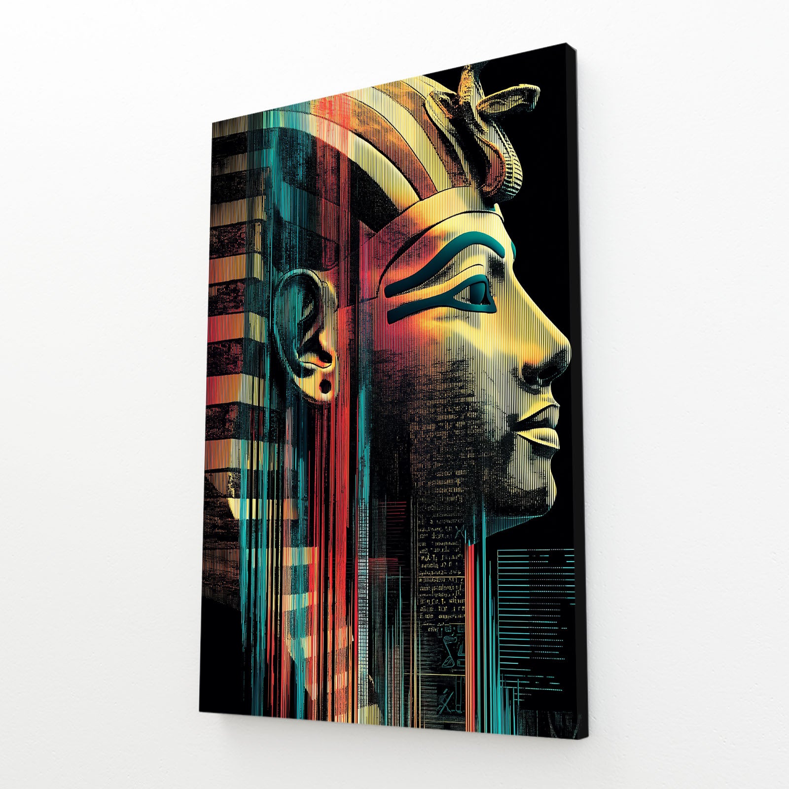 Teal Gold Pharaoh Profile Egyptian Wall Decor – angled canvas view on white background