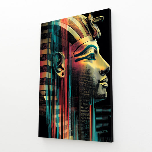 Teal Gold Pharaoh Profile Egyptian Wall Decor – angled canvas view on white background