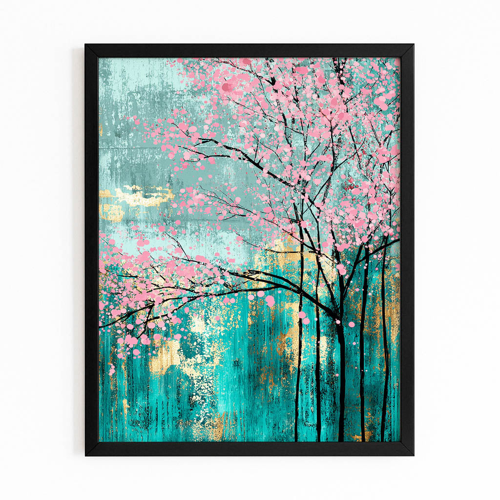 Teal Grove Drip Cherry Blossom Canvas Art – with Premium Black frame on white background