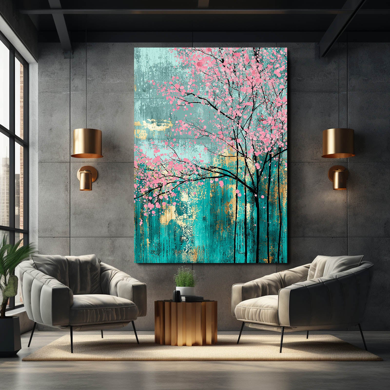 Teal Grove Drip Cherry Blossom Canvas Art – styled in a furnished interior