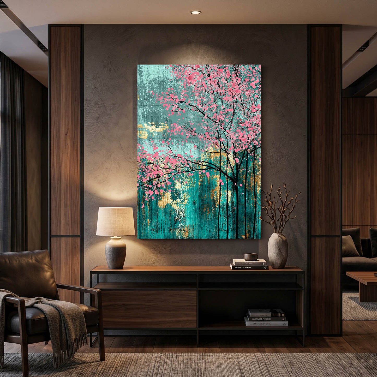Teal Grove Drip Cherry Blossom Canvas Art – styled in a furnished interior