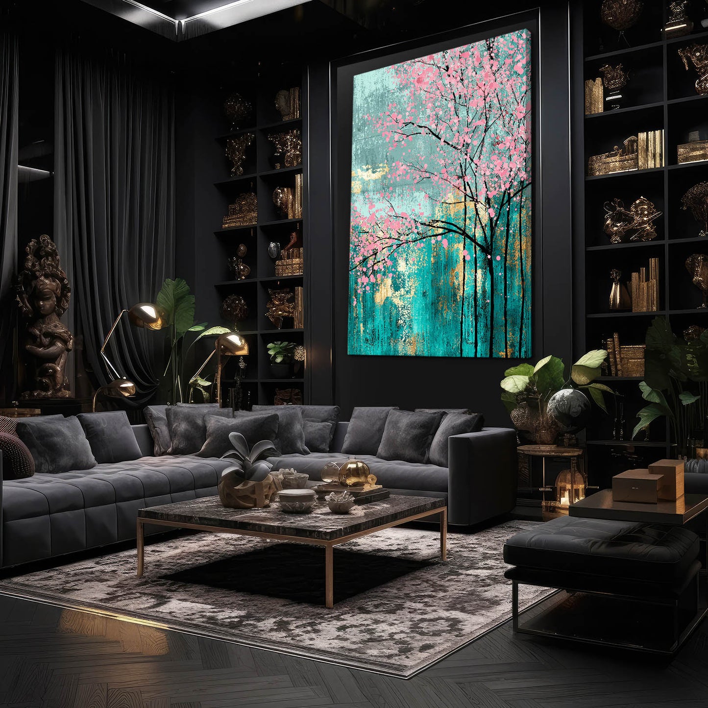 Teal Grove Drip Cherry Blossom Canvas Art – styled in a furnished interior