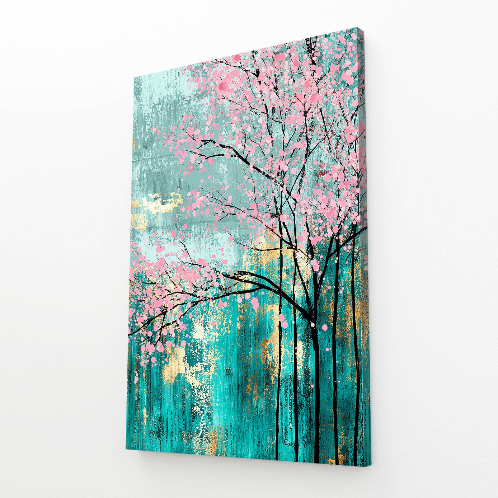 Teal Grove Drip Cherry Blossom Canvas Art – angled canvas view on white background