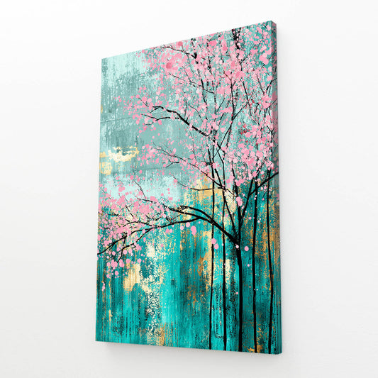 Teal Grove Drip Cherry Blossom Canvas Art – angled canvas view on white background
