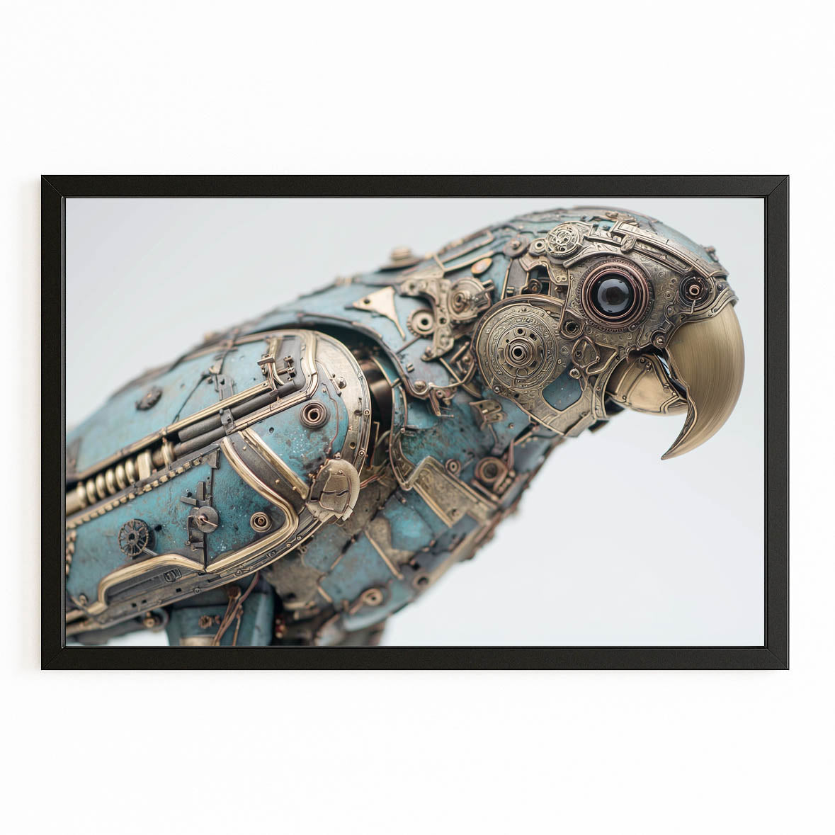 Teal Mechanical Parrot Steampunk Prints – with Premium Black frame on white background
