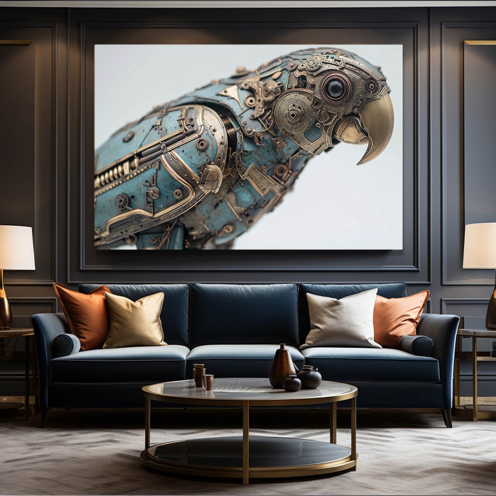 Teal Mechanical Parrot Steampunk Prints – styled in a furnished interior