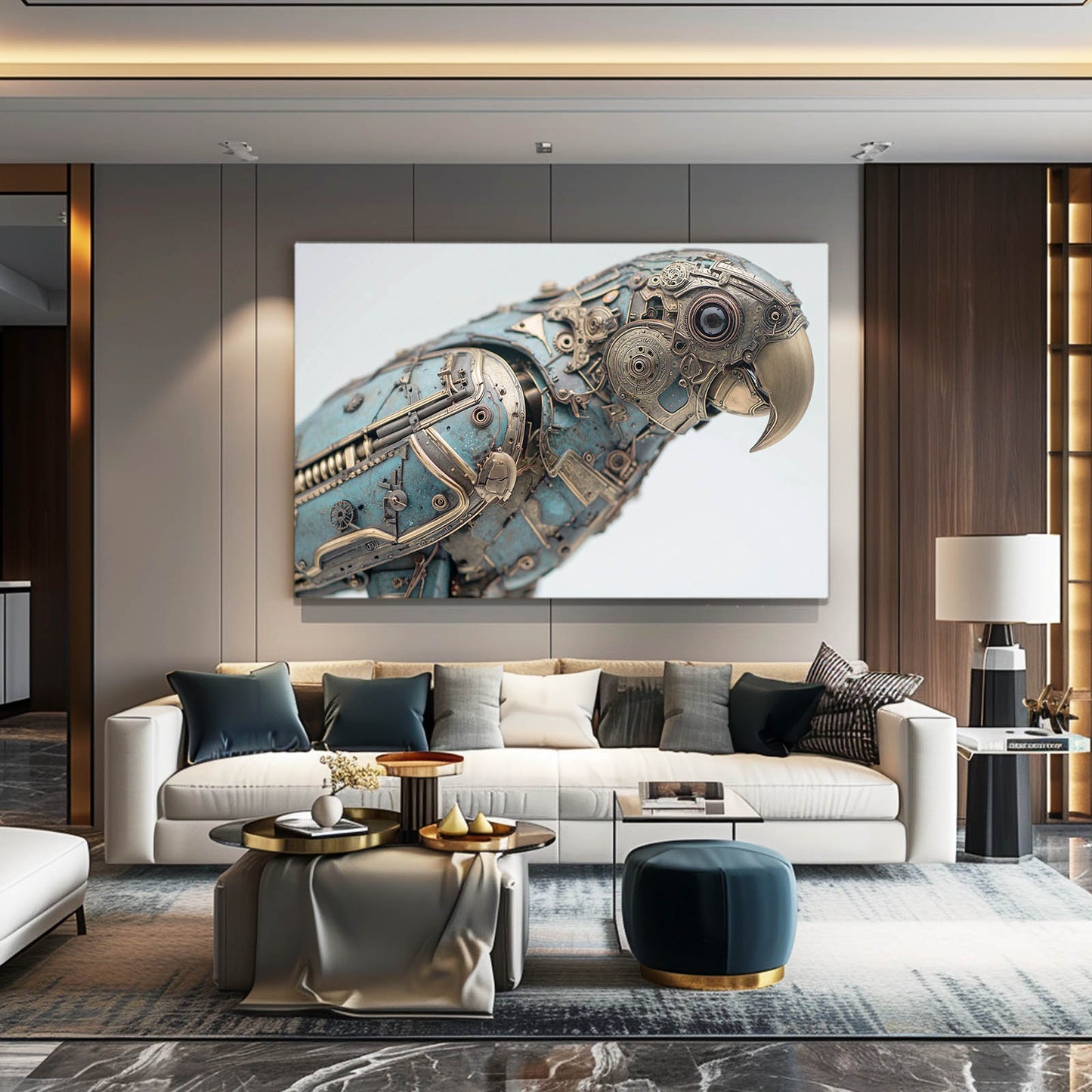 Teal Mechanical Parrot Steampunk Prints – styled in a furnished interior