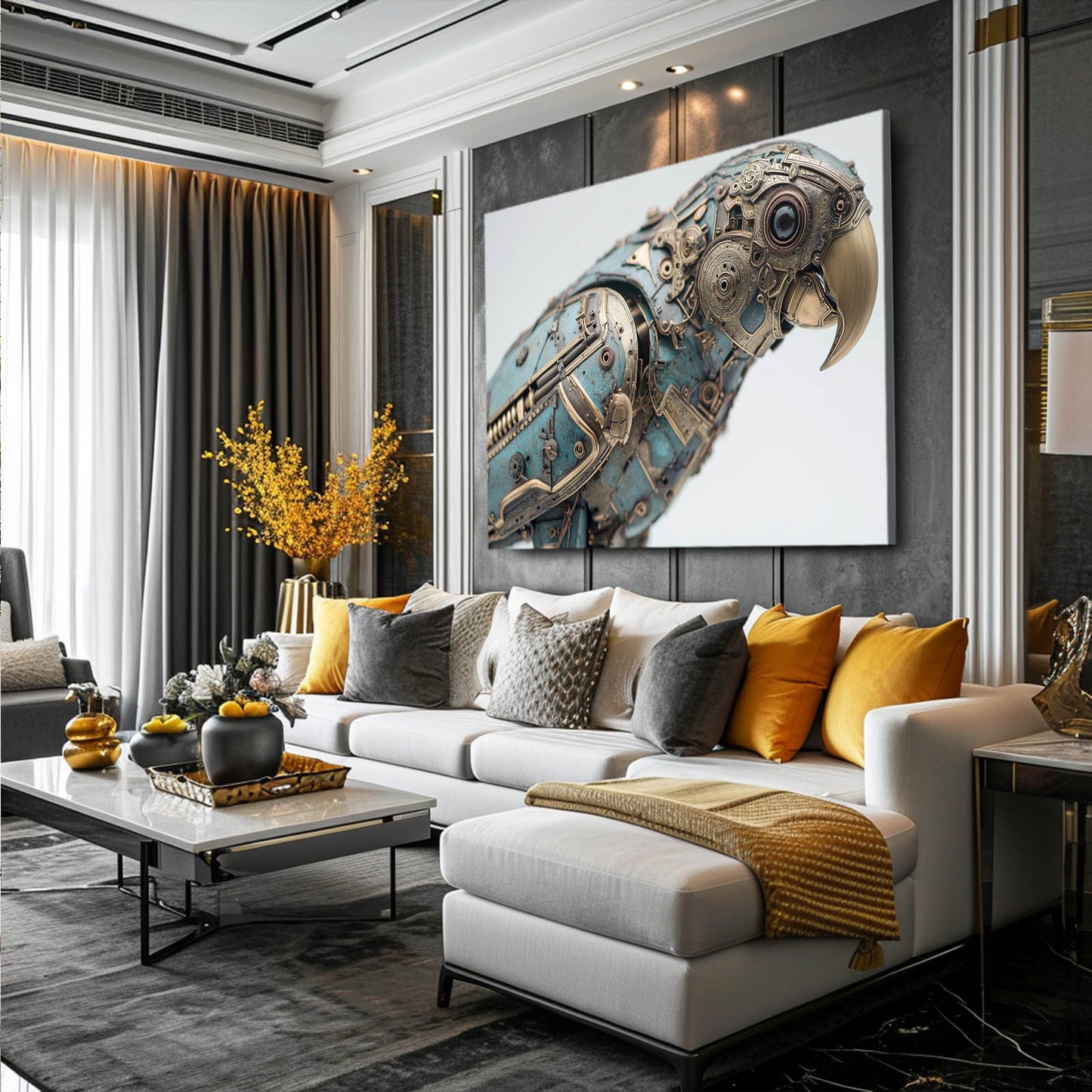 Teal Mechanical Parrot Steampunk Prints – styled in a furnished interior