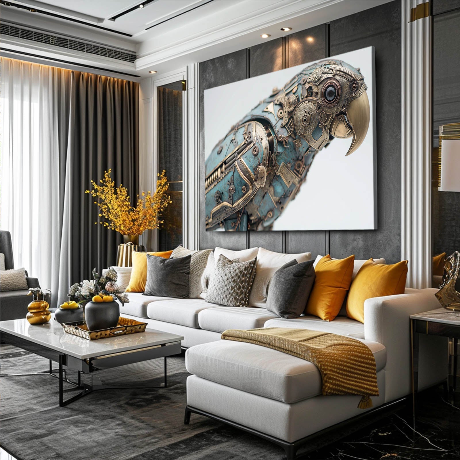 Teal Mechanical Parrot Steampunk Prints – styled in a furnished interior
