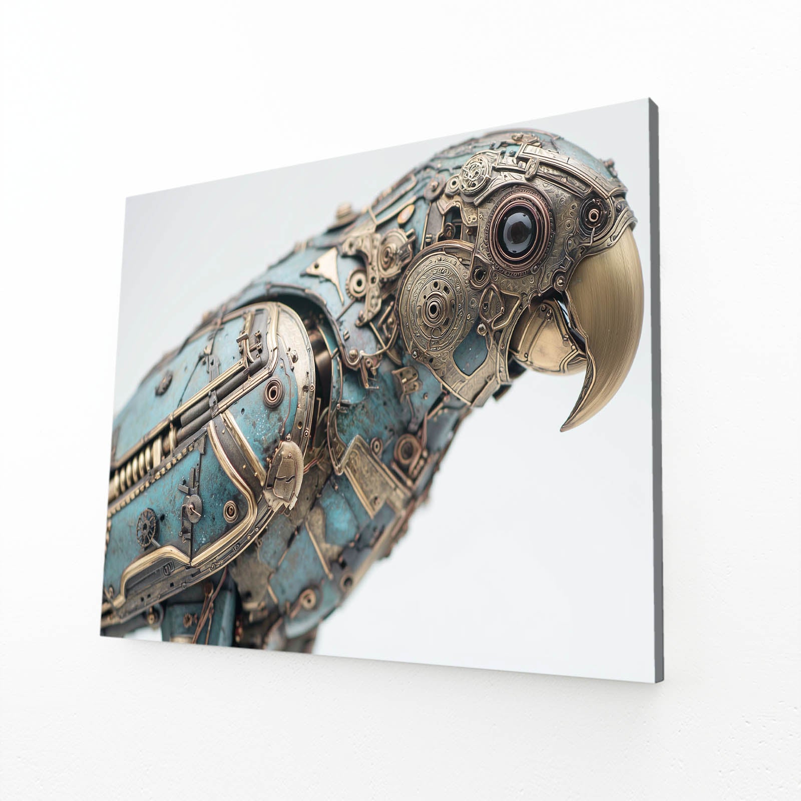 Teal Mechanical Parrot Steampunk Prints – angled canvas view on white background
