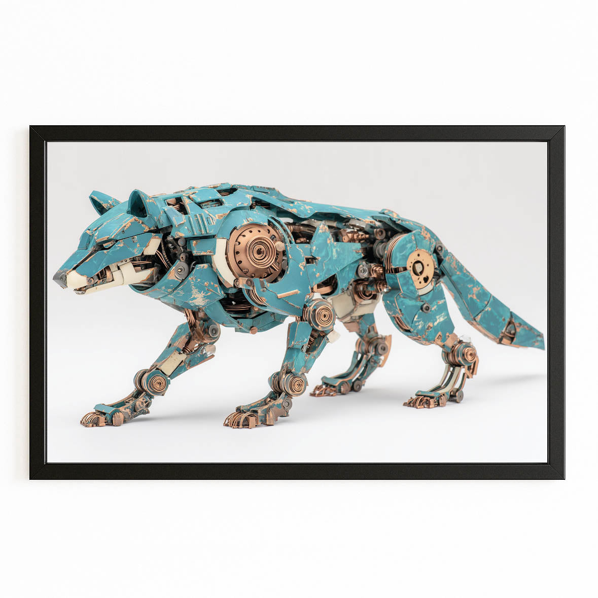 Teal Mechanical Wolf Steampunk Wall Art – with Premium Black frame on white background