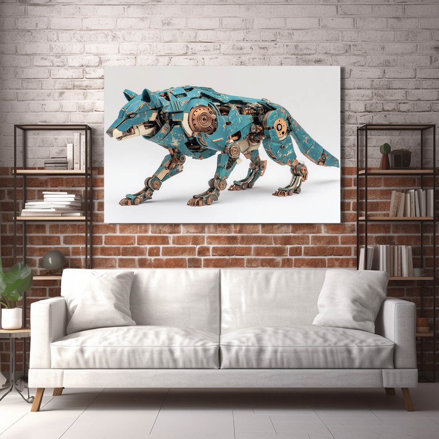 Teal Mechanical Wolf Steampunk Wall Art – styled in a furnished interior