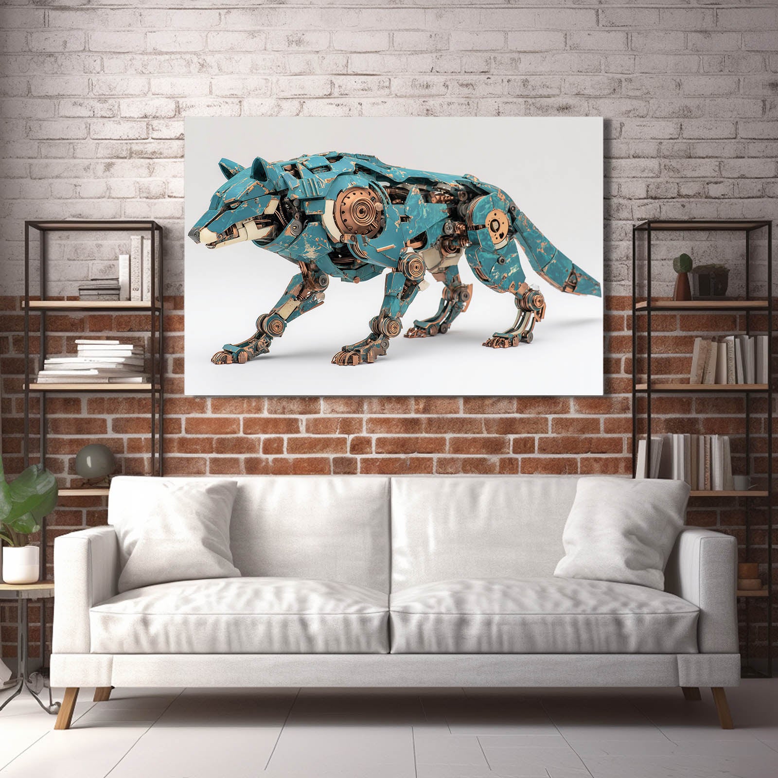 Teal Mechanical Wolf Steampunk Wall Art – styled in a furnished interior