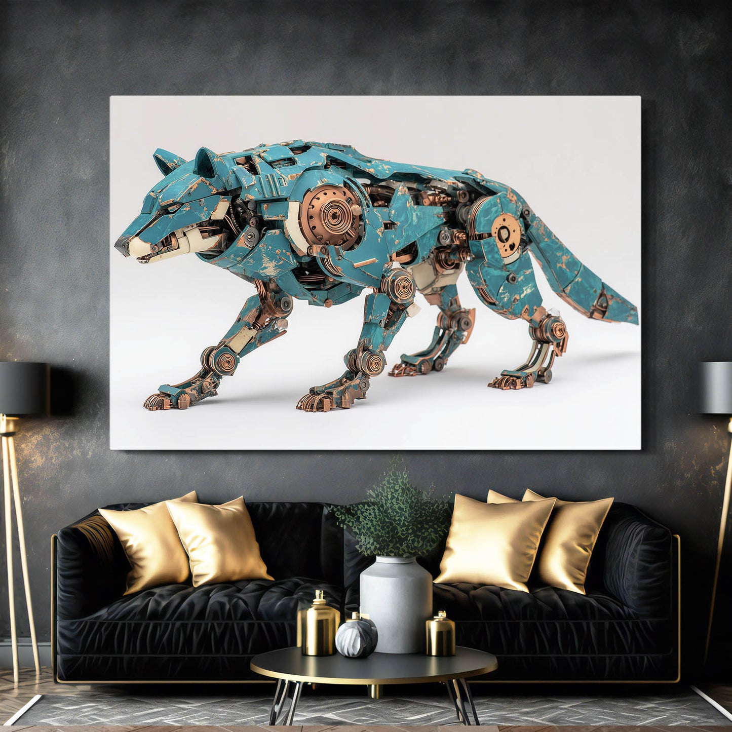 Teal Mechanical Wolf Steampunk Wall Art – styled in a furnished interior