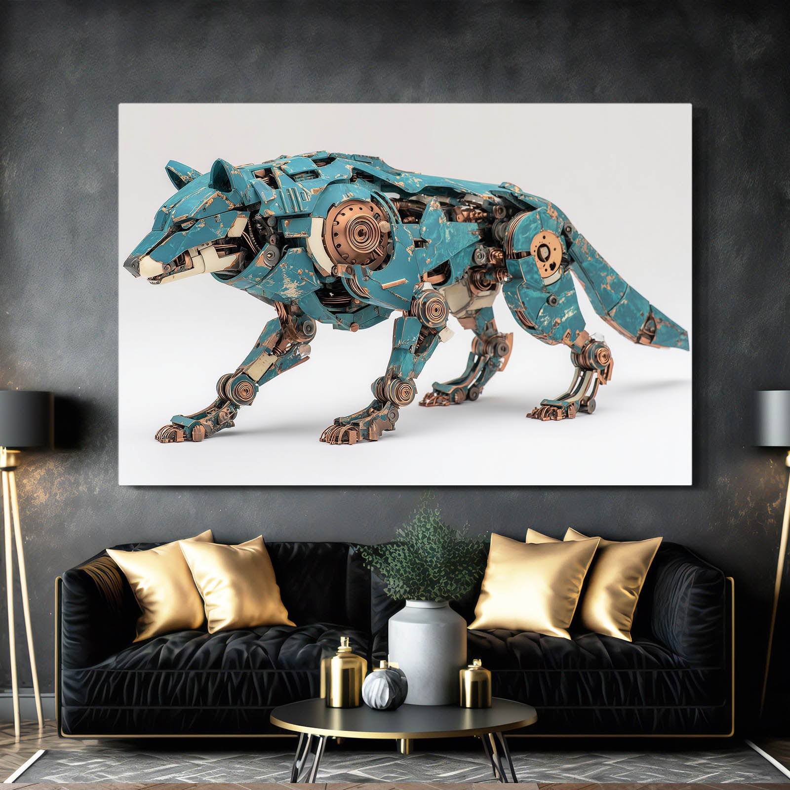 Teal Mechanical Wolf Steampunk Wall Art – styled in a furnished interior