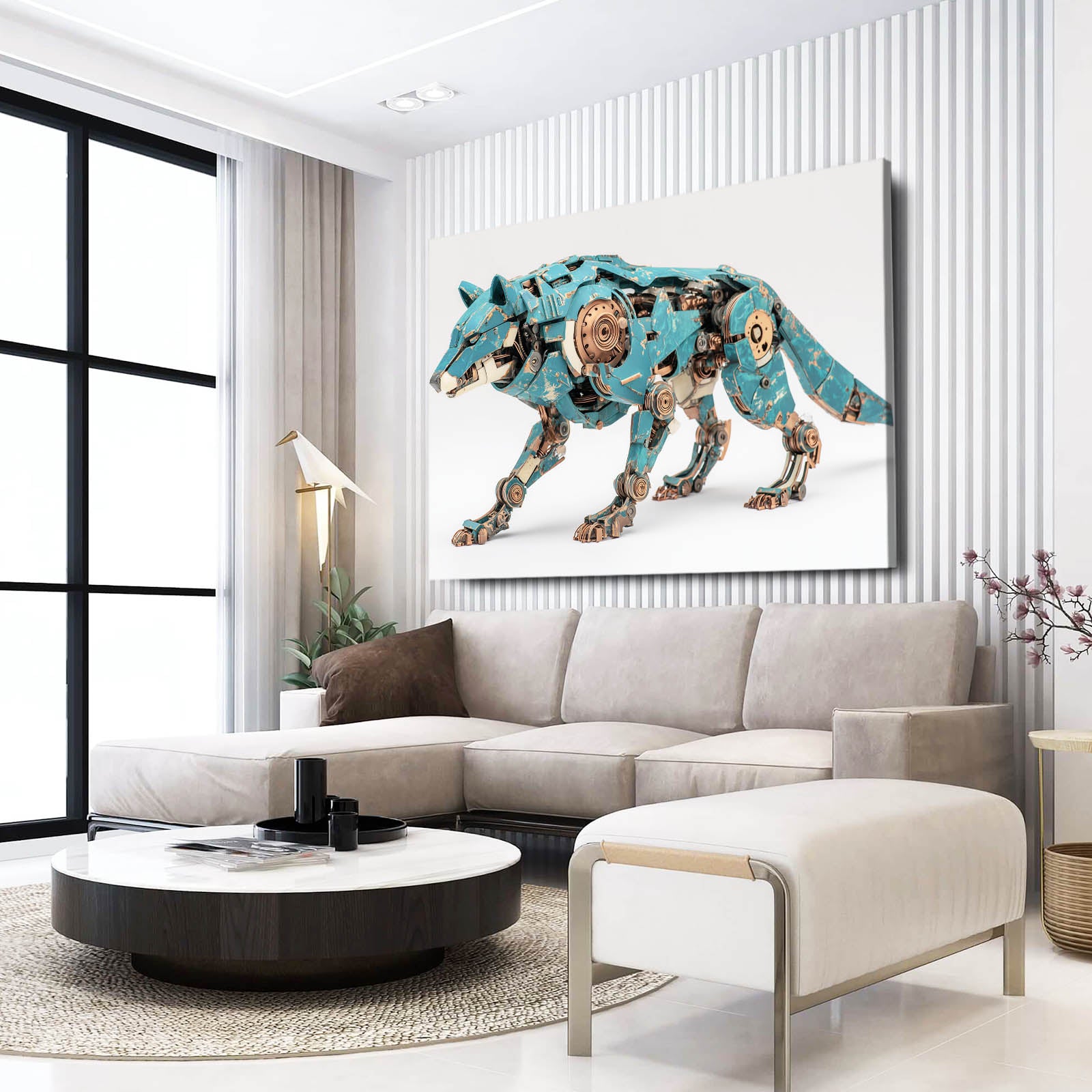 Teal Mechanical Wolf Steampunk Wall Art – styled in a furnished interior