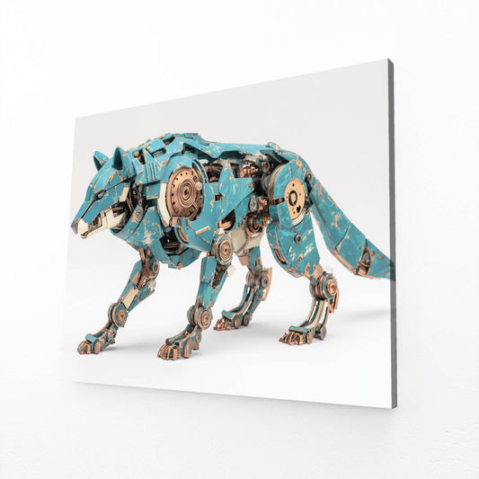 Teal Mechanical Wolf Steampunk Wall Art – canvas print on white background
