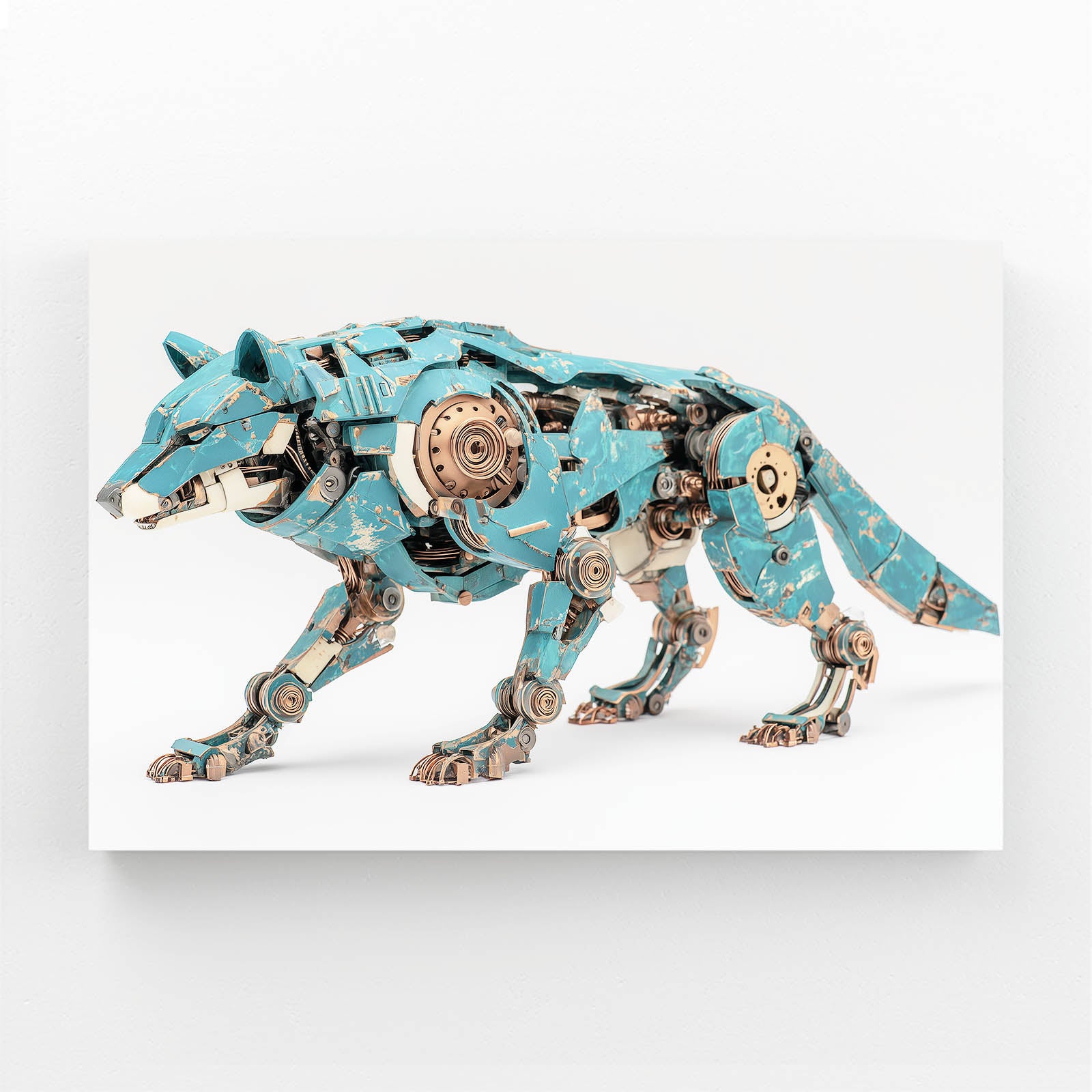 Teal Mechanical Wolf Steampunk Wall Art – angled canvas view on white background