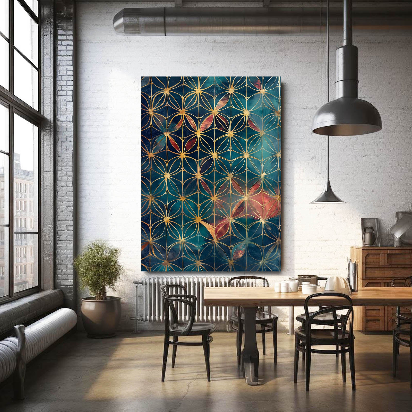 Teal Mosaic Weave Flower Of Life Canvas – styled in a furnished interior