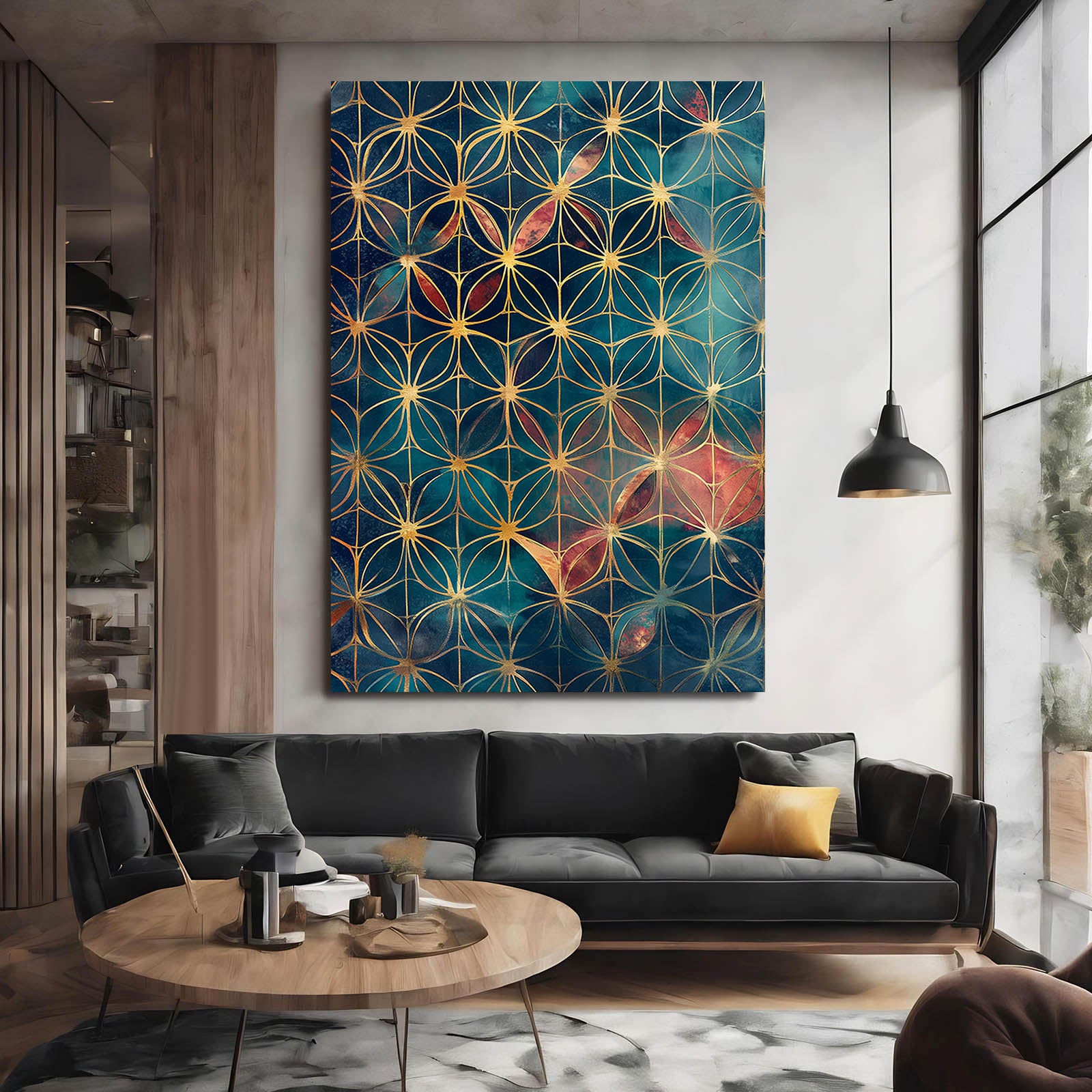 Teal Mosaic Weave Flower Of Life Canvas – styled in a furnished interior