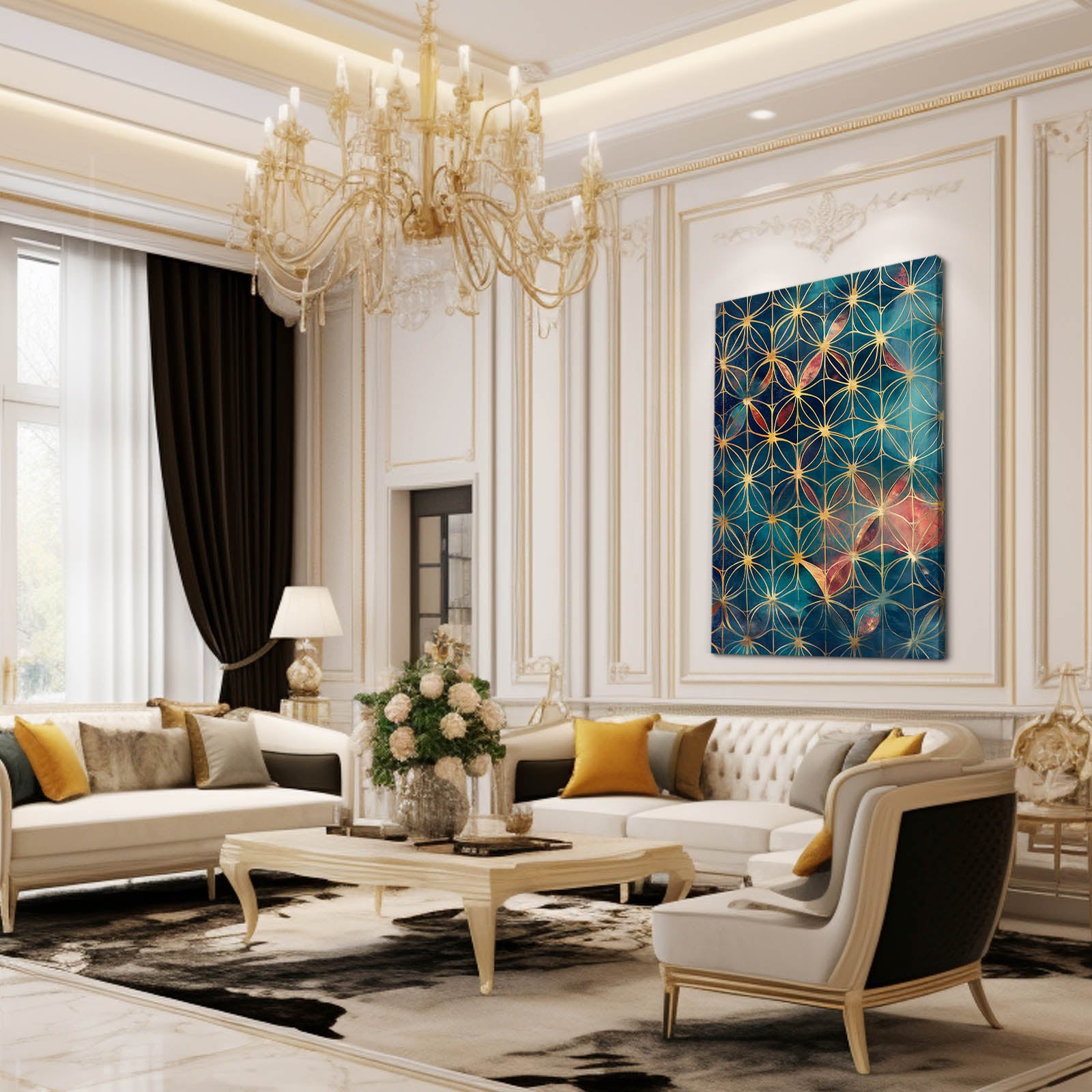 Teal Mosaic Weave Flower Of Life Canvas – styled in a furnished interior