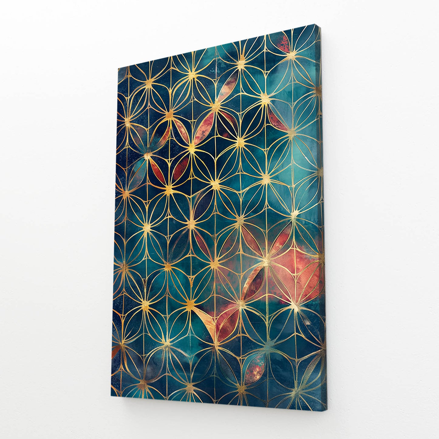 Teal Mosaic Weave Flower Of Life Canvas – angled canvas view on white background