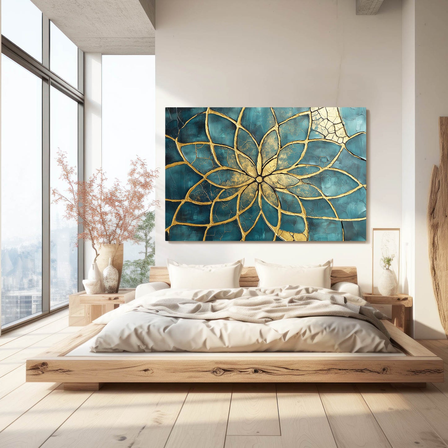 Teal Petal Bloom Flower Of Life Art – styled in a furnished interior