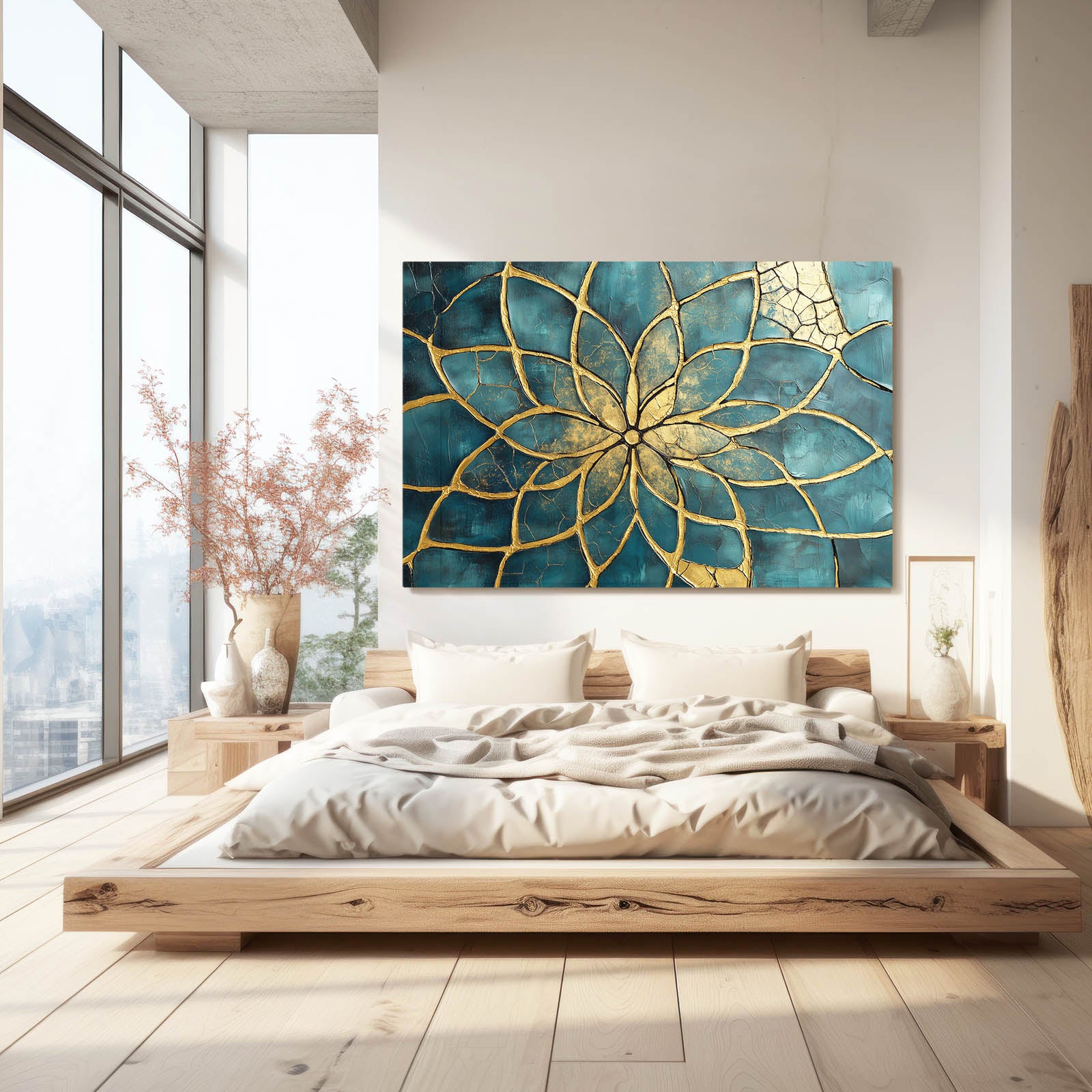 Teal Petal Bloom Flower Of Life Art – styled in a furnished interior