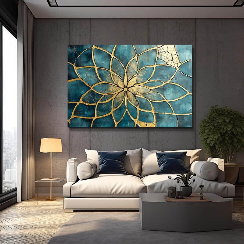Teal Petal Bloom Flower Of Life Art – styled in a furnished interior