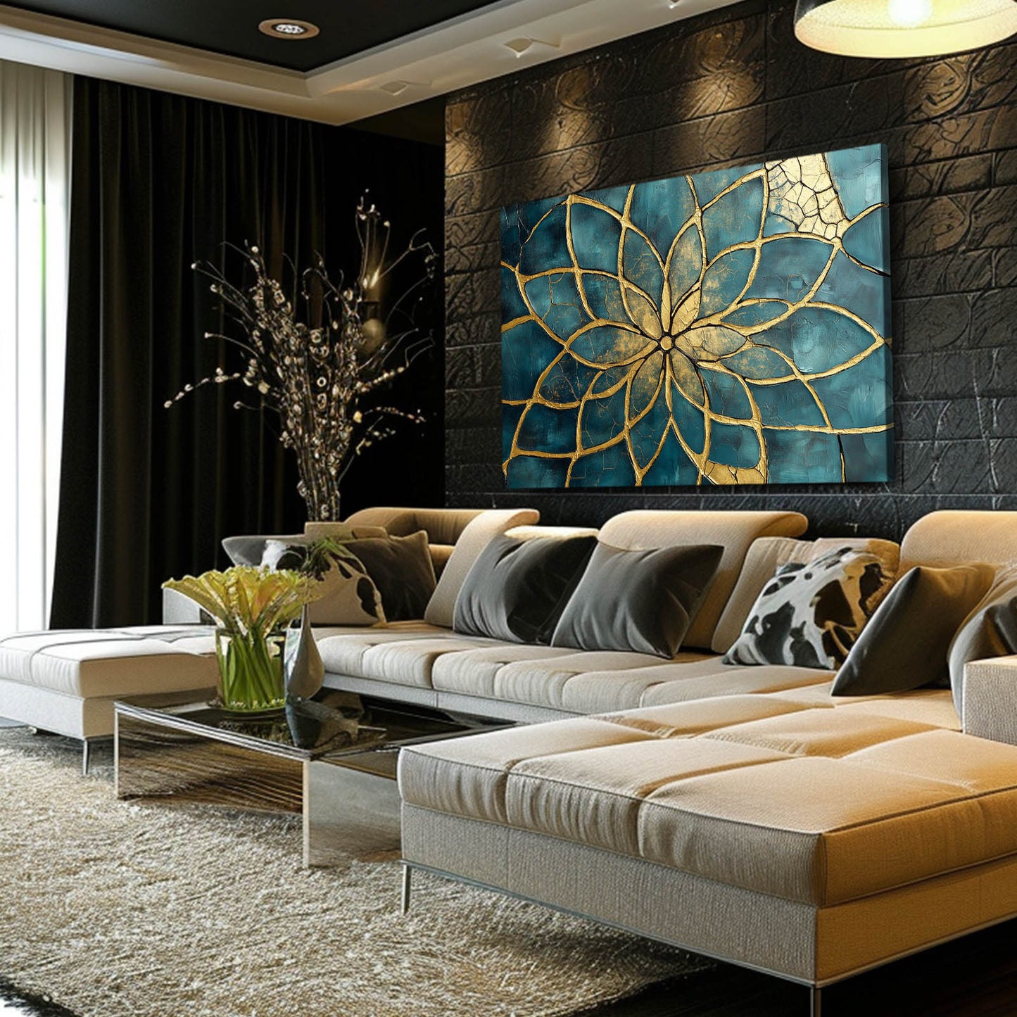 Teal Petal Bloom Flower Of Life Art – styled in a furnished interior