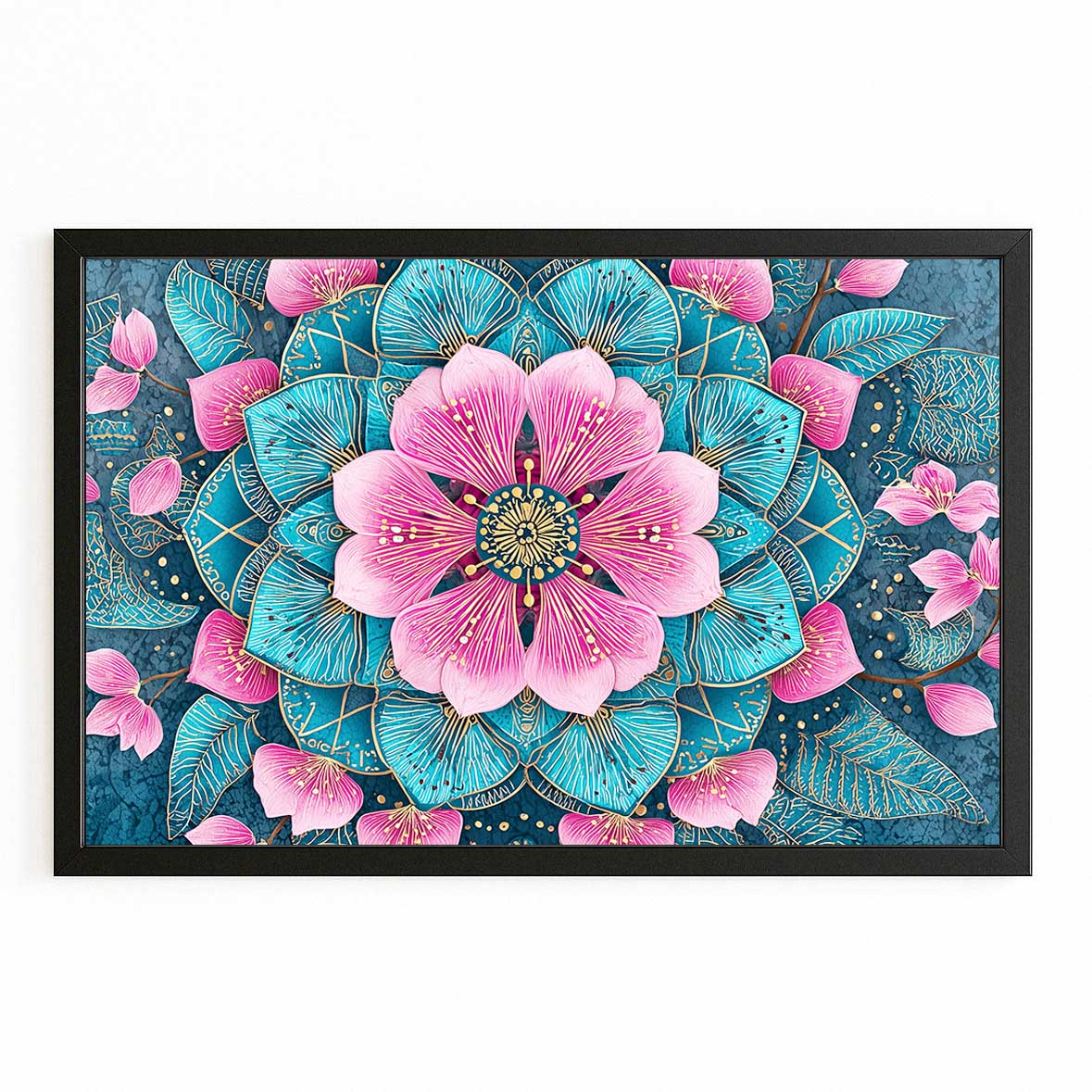Teal Petal Mandala Cherry Blossom Prints – with Premium Black frame on white background