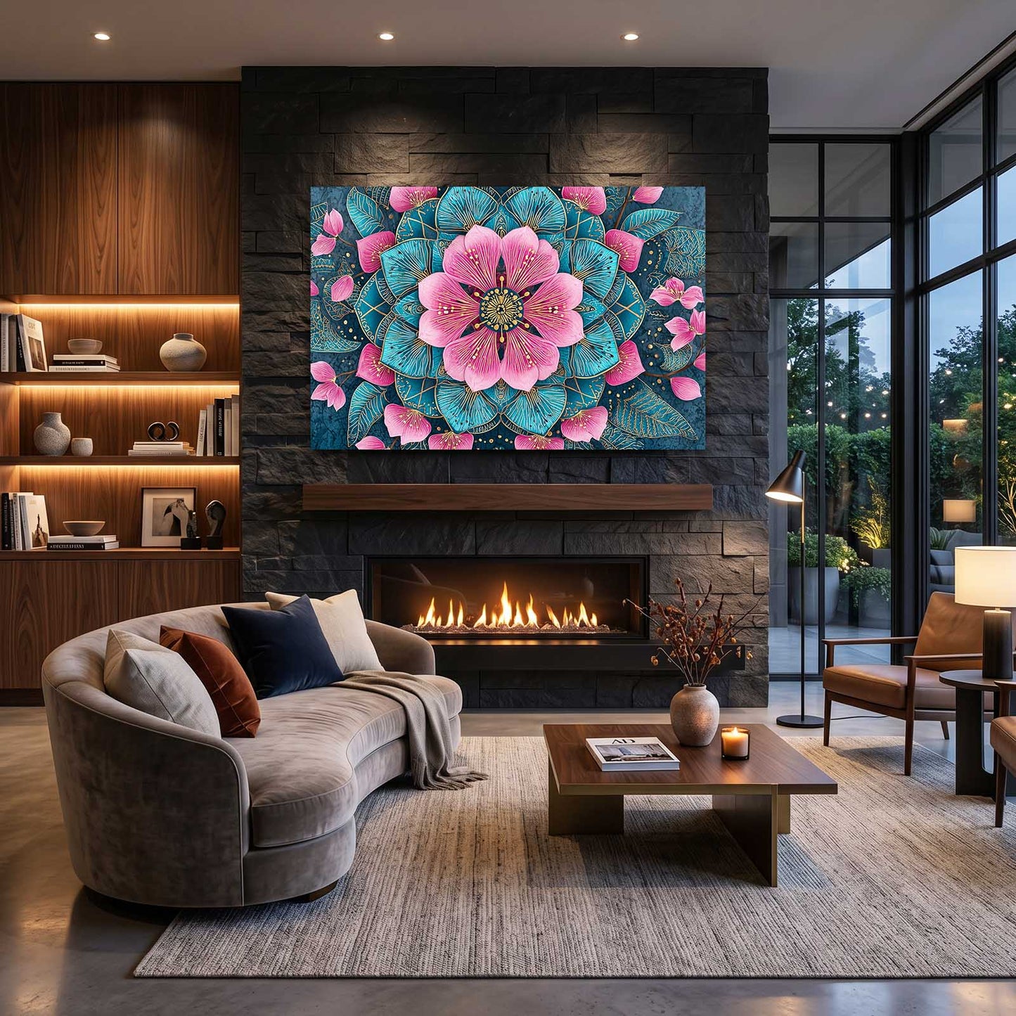 Teal Petal Mandala Cherry Blossom Prints – styled in a furnished interior
