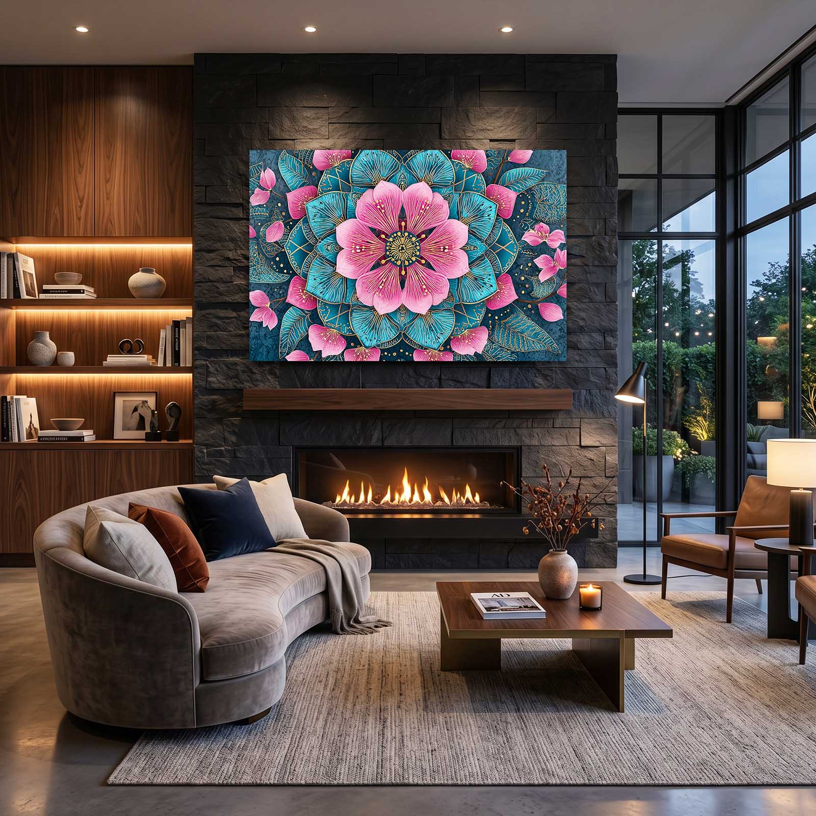 Teal Petal Mandala Cherry Blossom Prints – styled in a furnished interior