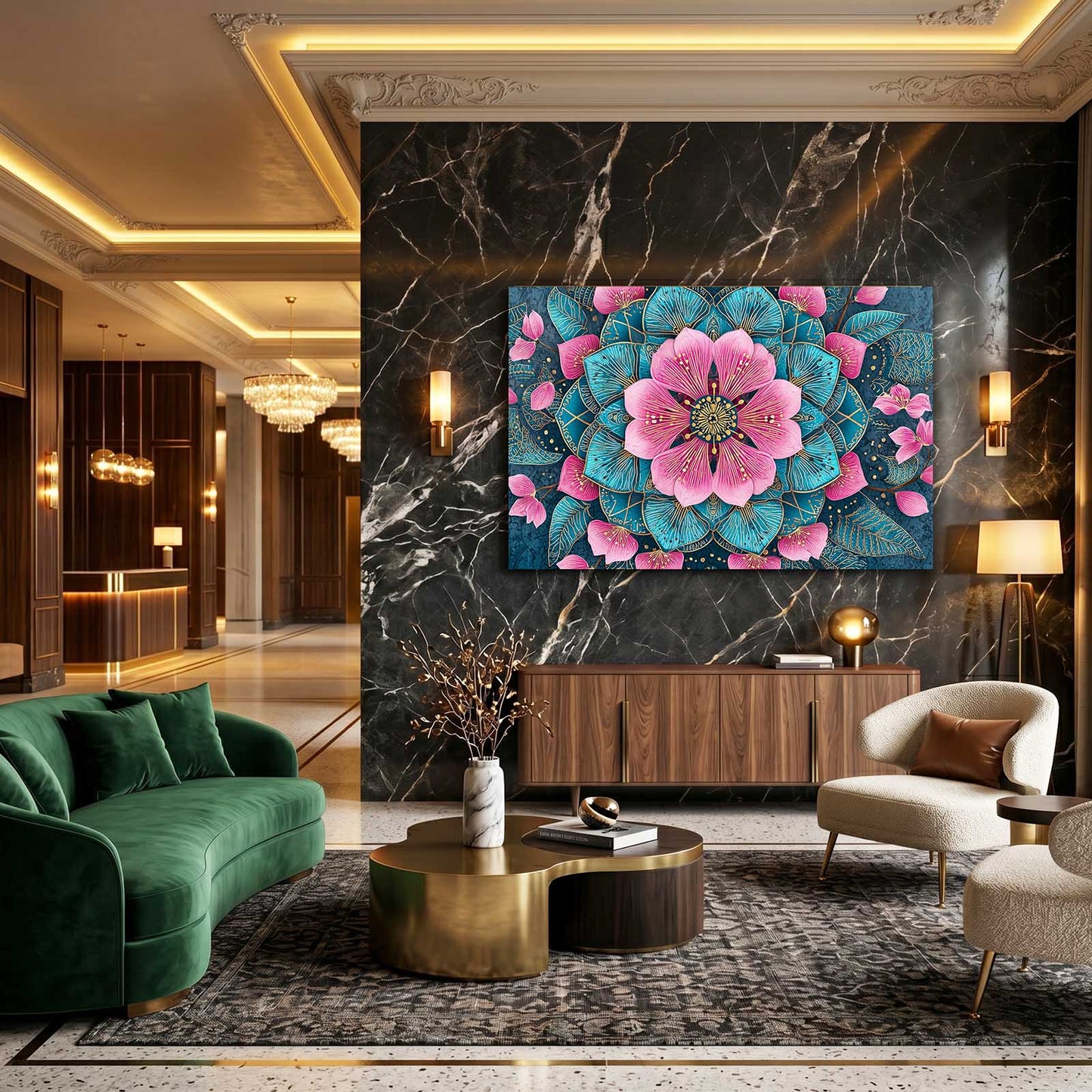 Teal Petal Mandala Cherry Blossom Prints – styled in a furnished interior