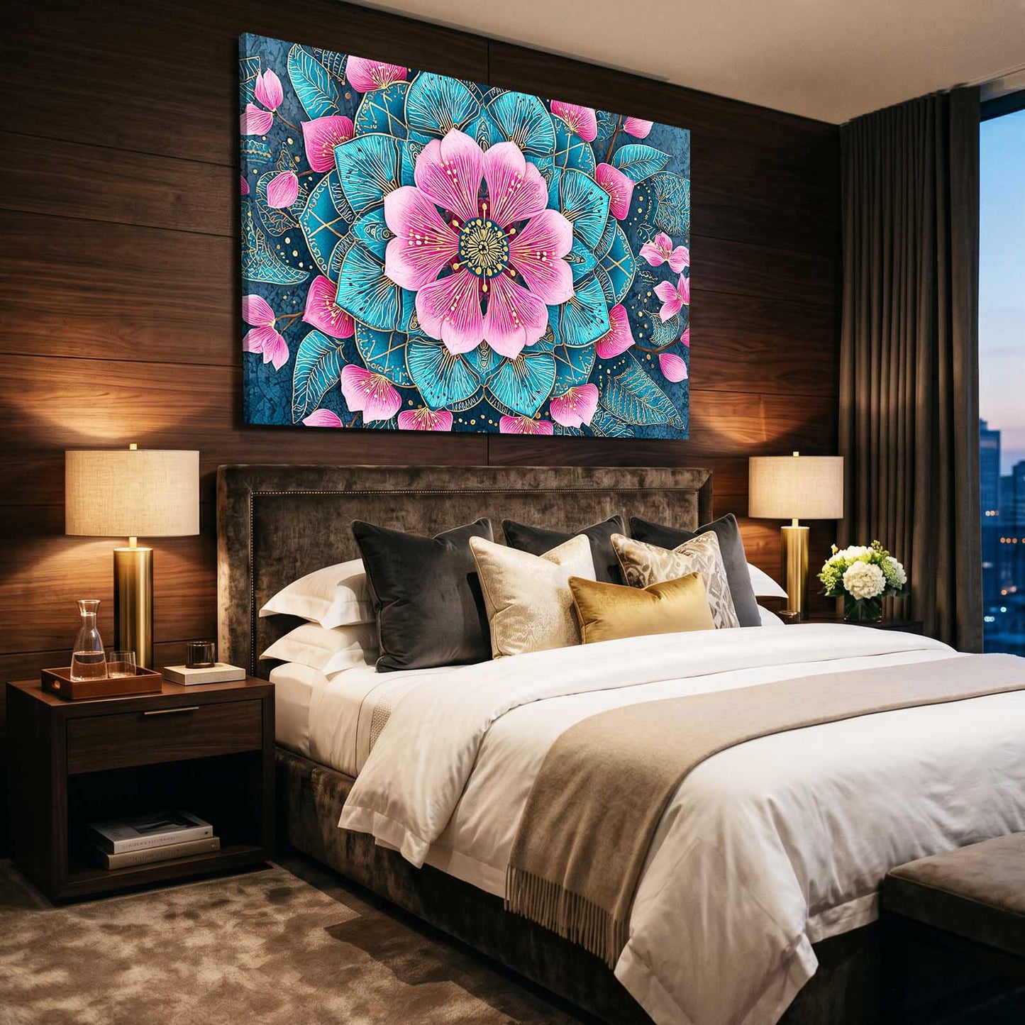 Teal Petal Mandala Cherry Blossom Prints – styled in a furnished interior