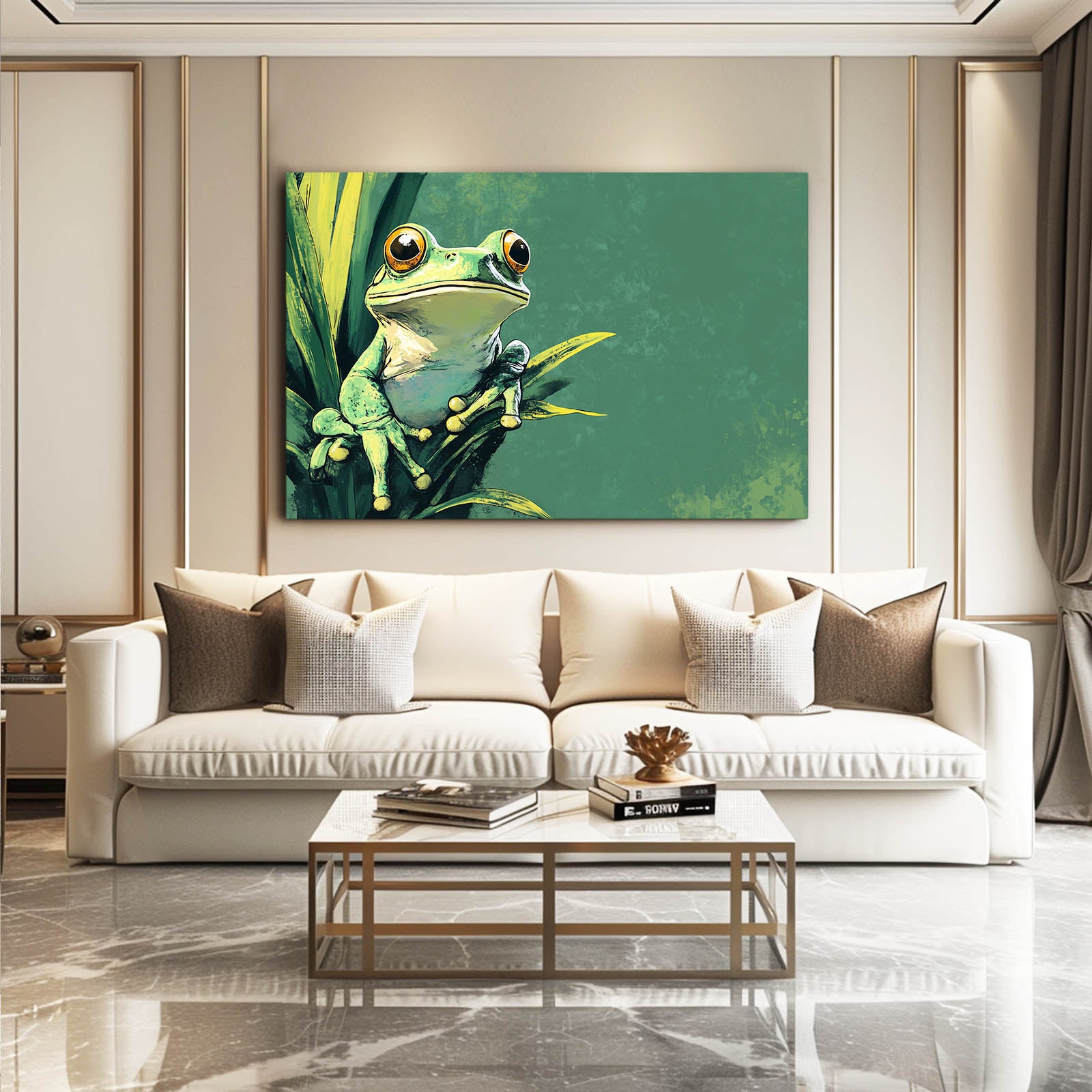 Teal Plant Perch Frog Canvas – styled in a furnished interior