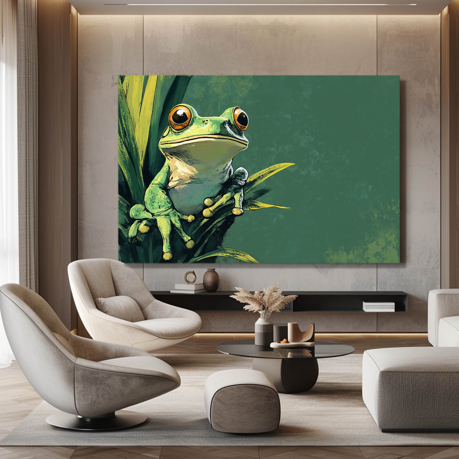 Teal Plant Perch Frog Canvas – styled in a furnished interior