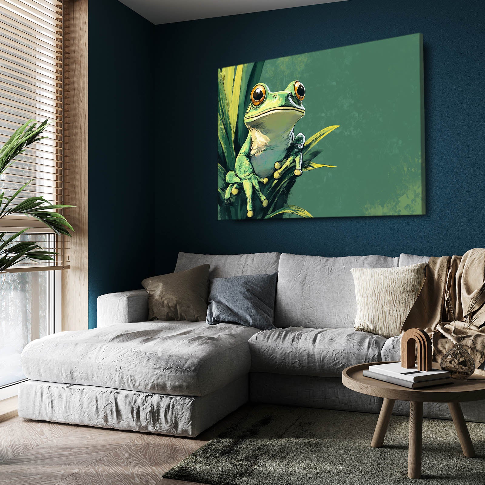 Teal Plant Perch Frog Canvas – styled in a furnished interior