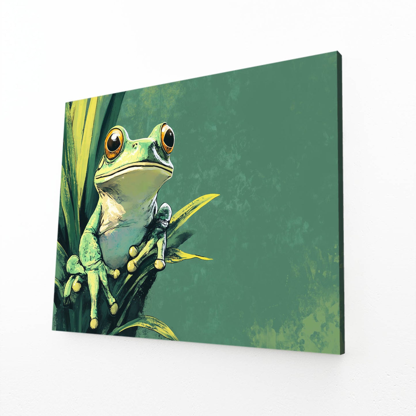 Teal Plant Perch Frog Canvas – angled canvas view on white background
