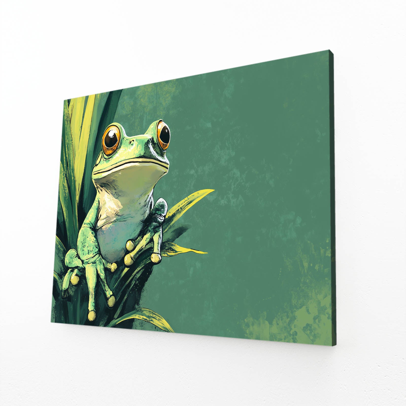 Teal Plant Perch Frog Canvas – angled canvas view on white background