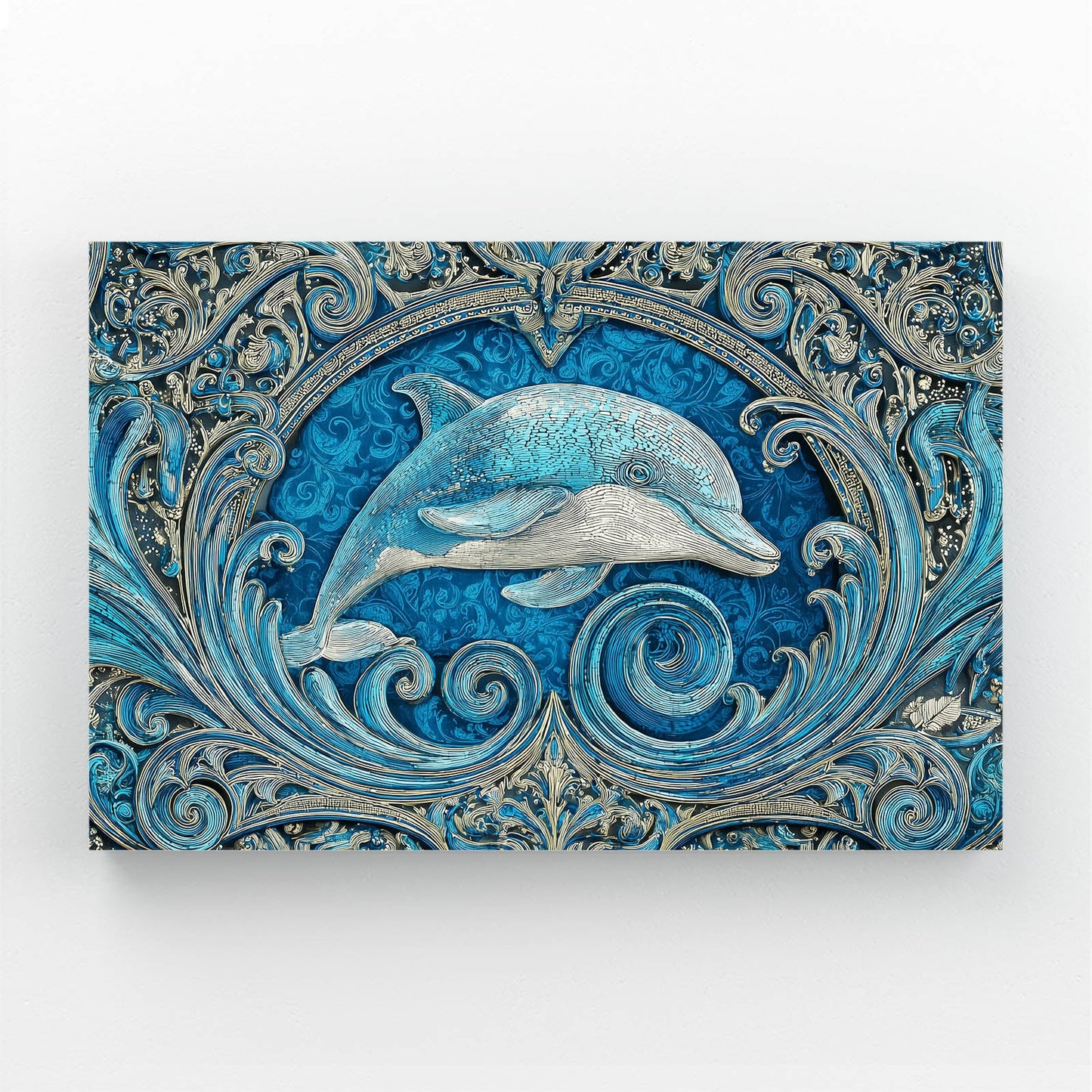 Teal Relief Dolphin Canvas – dolphin in a carved teal Victorian-style ornamental relief plaque