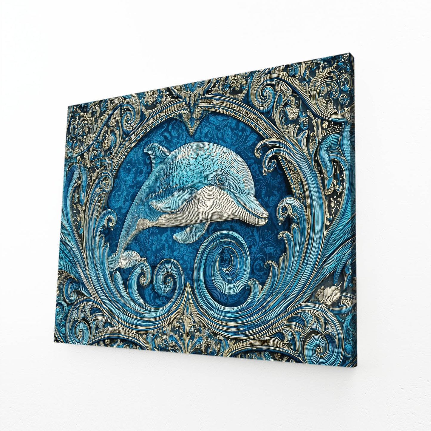 Teal Relief Dolphin Canvas – angled canvas view on white background