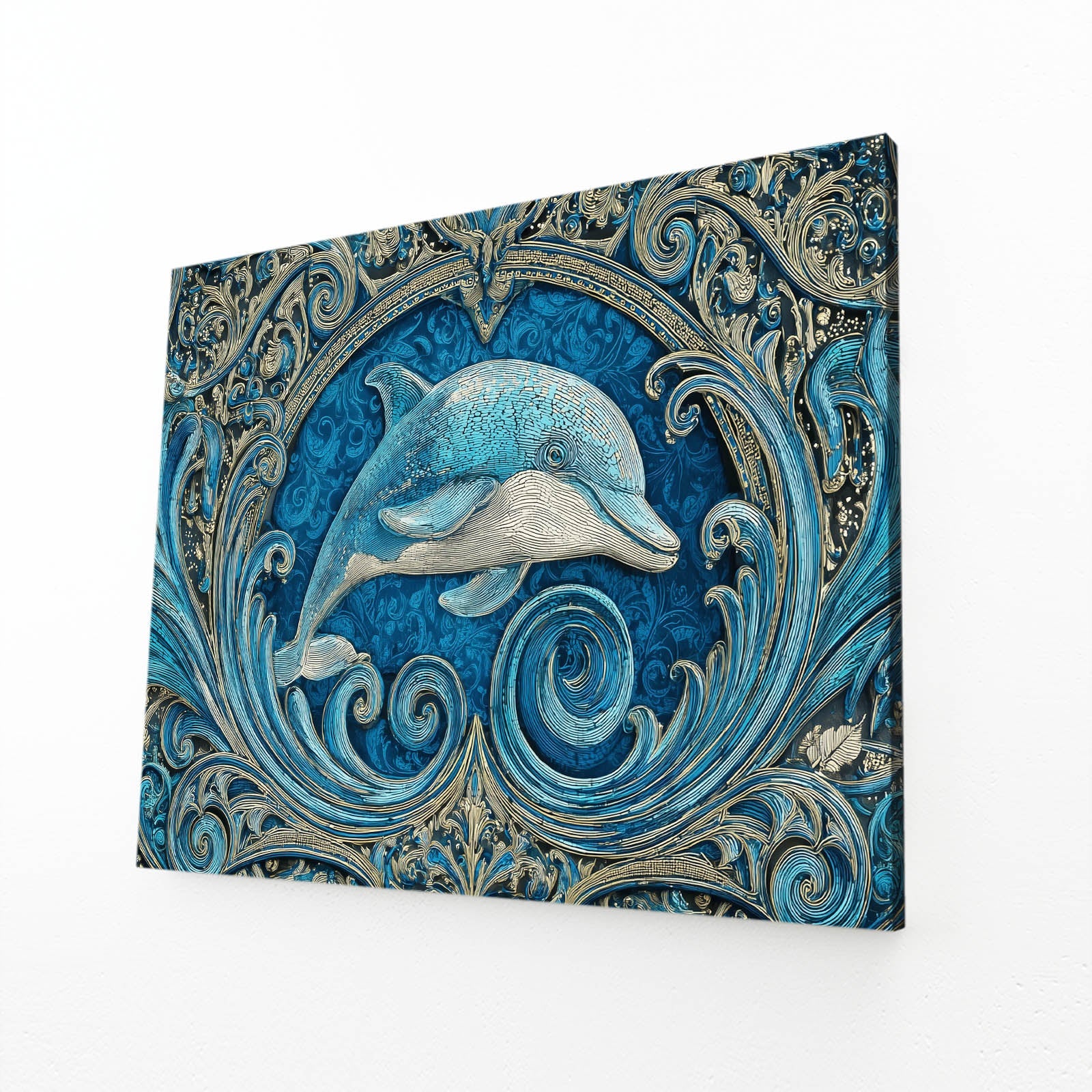 Teal Relief Dolphin Canvas – angled canvas view on white background