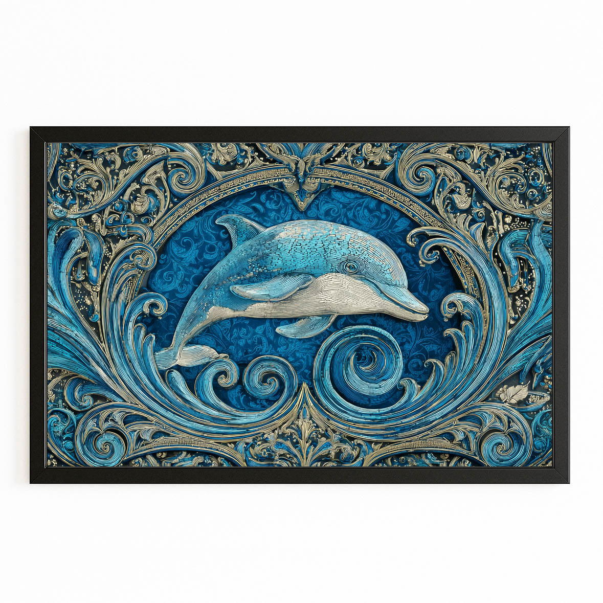Teal Relief Dolphin Canvas – with Premium Black wood frame on white background