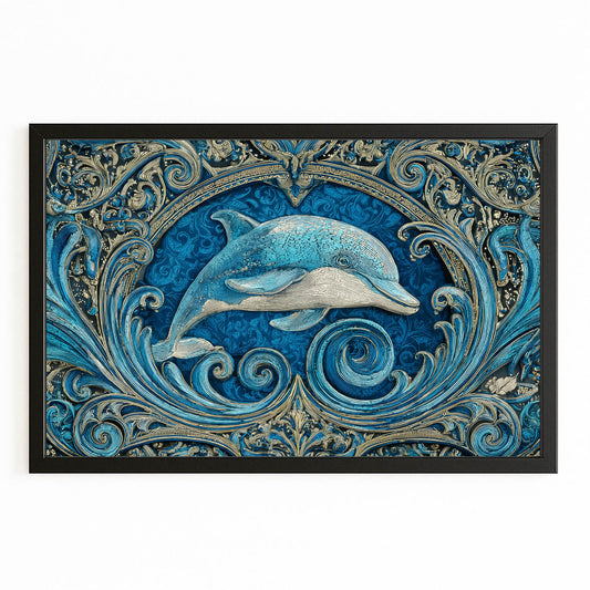 Teal Relief Dolphin Canvas – with Premium Black wood frame on white background