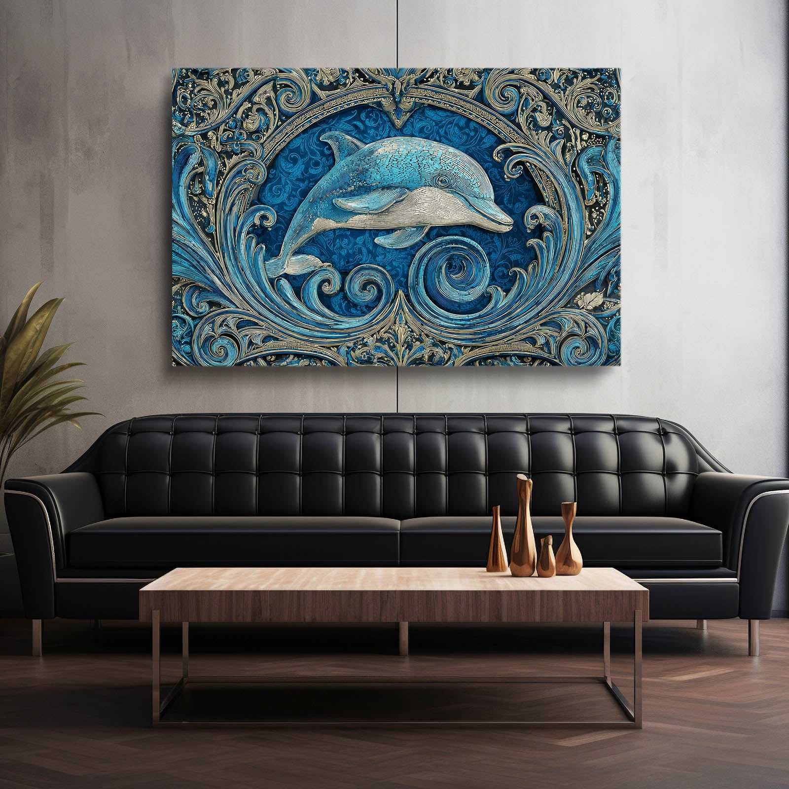 Teal Relief Dolphin Canvas – styled in a furnished interior