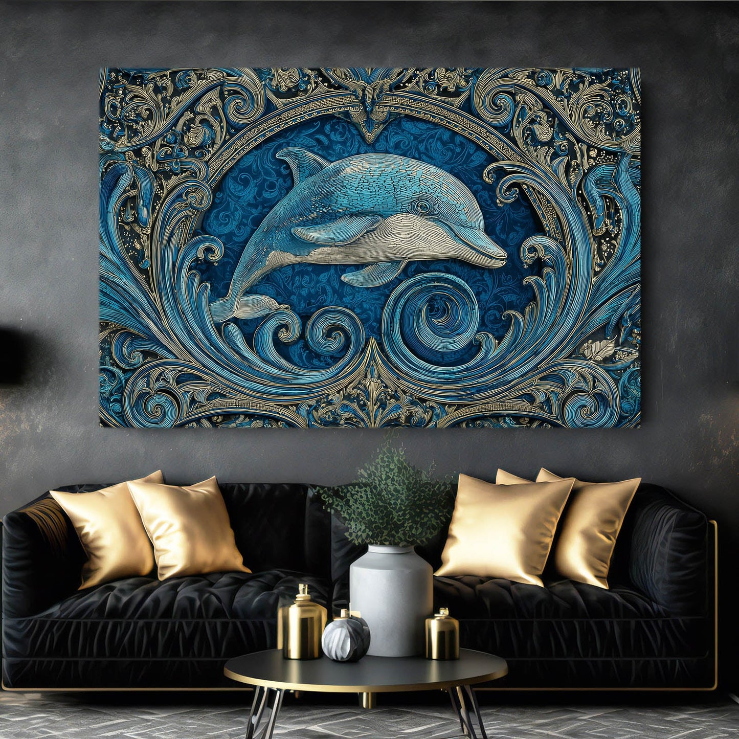 Teal Relief Dolphin Canvas – styled in a furnished interior