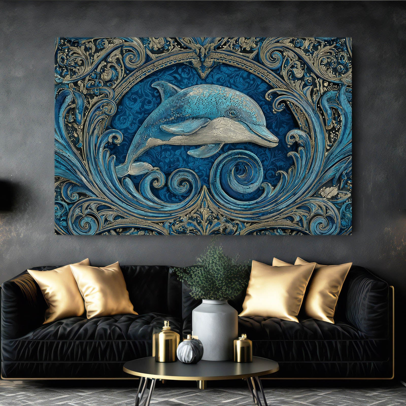 Teal Relief Dolphin Canvas – styled in a furnished interior